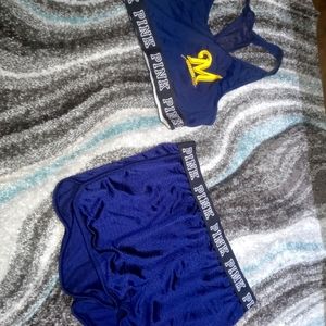 Pink shorts sports bra